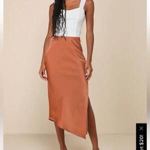Lulus Contemporary Cutie Brown Satin High-Rise Asymmetrical Midi Skirt